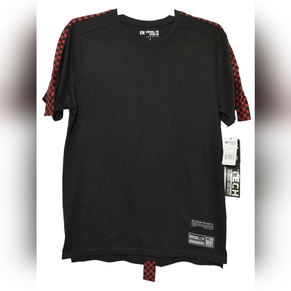 Brooklyn Xpress Premium Men's T-Shirt Checkered Trim Black Red Size L New